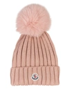 MONCLER WOMAN LIGHT PINK HAT WITH FOX POMPON,11495878