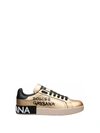 Dolce & Gabbana Foiled Calfskin Portofino Sneakers With Lettering In Oro