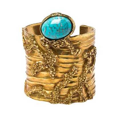 Pre-owned Saint Laurent Turquoise Glass Cabochon Gold Tone Arty Bracelet M