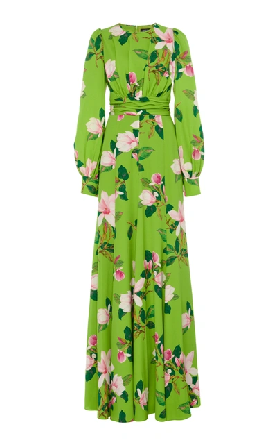 Andrew Gn Floral-print Silk-crepe Gown In Green