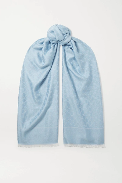 GUCCI Fringed wool and silk-blend jacquard scarf