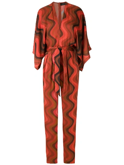 Andrea Marques Silk V-neck Jumpsuit In Red