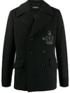 Dolce & Gabbana Jersey Wool Pea Coat With Patch Embellishment In Black