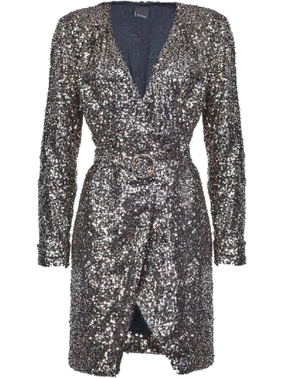 Pinko Sequin Embellished Belted Dress In Silver