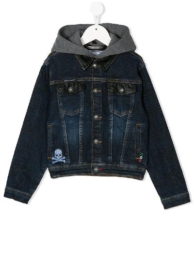 Philipp Plein Kids' Statement Hooded Denim Jacket In Blue