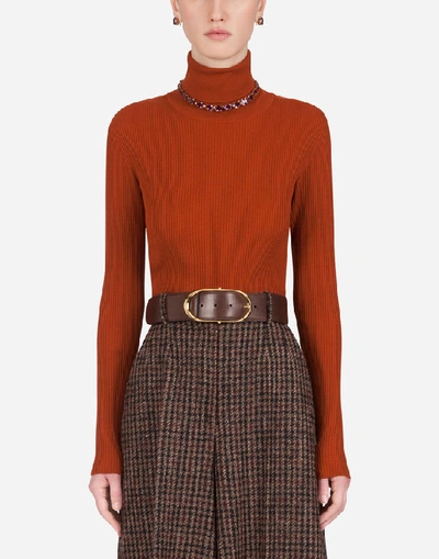 Dolce & Gabbana High Neck Sweater In Ribbed Wool In Orange