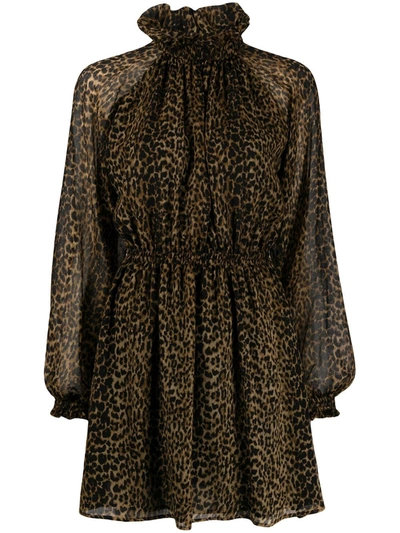 Saint Laurent Leopard-print Pleated Mini Dress In Brown