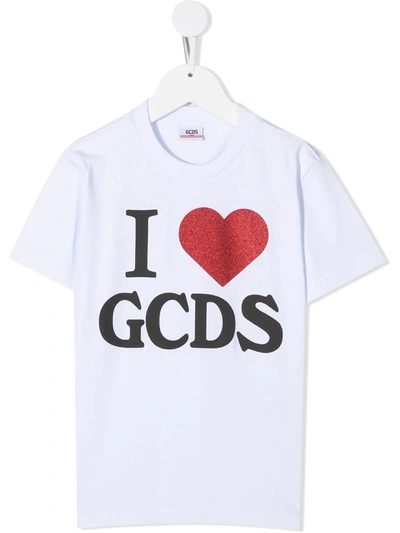 Gcds Kids' Logo Printed Cotton Jersey T-shirt In Bianco
