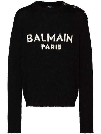Balmain Pullover With Jacquard Logo And Buttons In Black