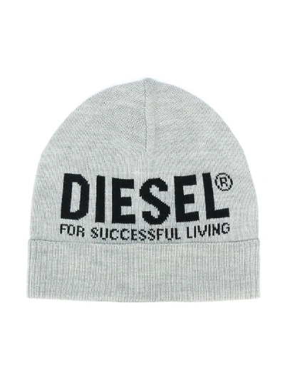 Diesel Kids' Knitted Logo Beanie In Grey