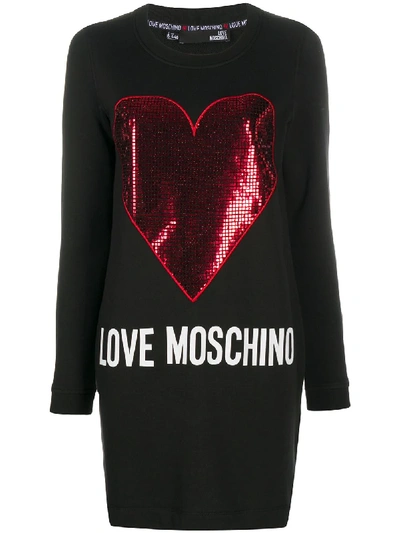 Love Moschino Sequin Heart Sweatshirt Dress In Black
