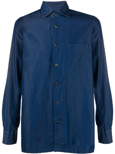 Kiton Denim Long-sleeved Shirt In Blue