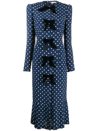 Alessandra Rich Bow-embellished Polka-dot Silk Crepe De Chine Midi Dress In Blue