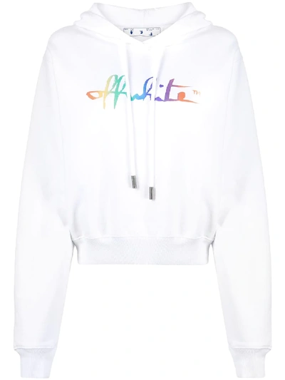 Off-white Rainbow Logo Print Cropped Hoodie In White