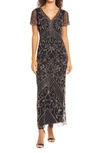 PISARRO NIGHTS BEADED MESH COLUMN GOWN,D2063