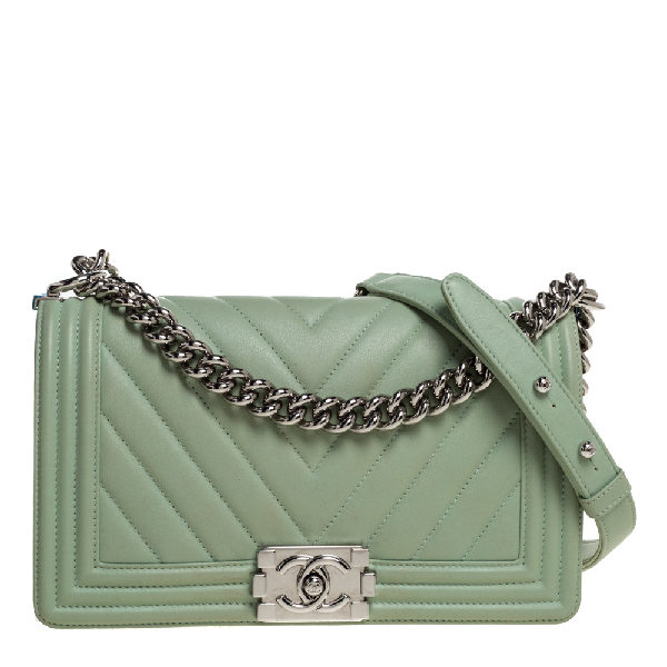 Pre-Owned Chanel Light Green Chevron Leather Medium Boy Flap Bag | ModeSens