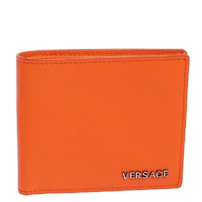 Pre-owned Versace Neon Orange Leather Bifold Wallet