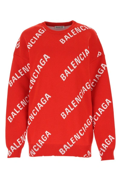 Balenciaga Oversized Logo Wool-blend Knit Sweater In Red