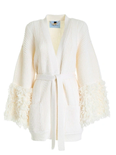 Blumarine Tricot Effect Maxi Cardigan In Ivory Colour In Beige