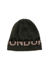 DONDUP BLACK AND DOVE GREY LOGO BEANIE IN ARMY GREEN