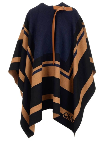 Chloé Striped Wool Blanket Cape In Blue/black/brown