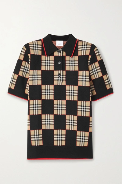 Burberry Chequer Check Jacquard Merino Wool Blend Polo Jumper In Black