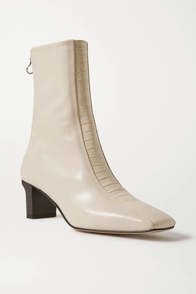 Aeyde Molly Paneled Smooth And Croc-effect Leather Ankle Boots In Ivory