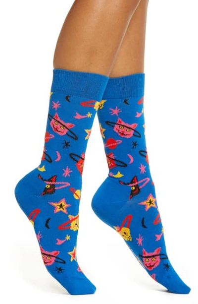 Happy Socks Space Cat Crew Socks In Medium/blue