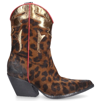 Elena Iachi Cowboy Boots E2016 Suede Logo Brown Leopard In Bronze
