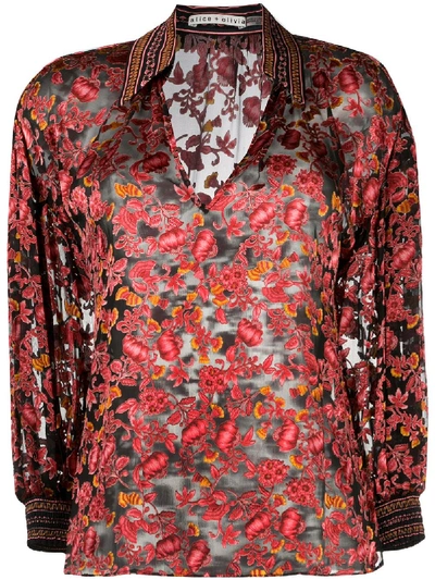 Alice And Olivia Desiree Floral Print Blend-silk Blouse In Twilight Floral Rose