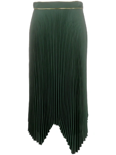 Tory Burch Asymmetric Pleated Crepe Midi Skirt In Green