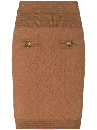Balmain Fluffy Knit Fitted Skirt In 8kd Camel F