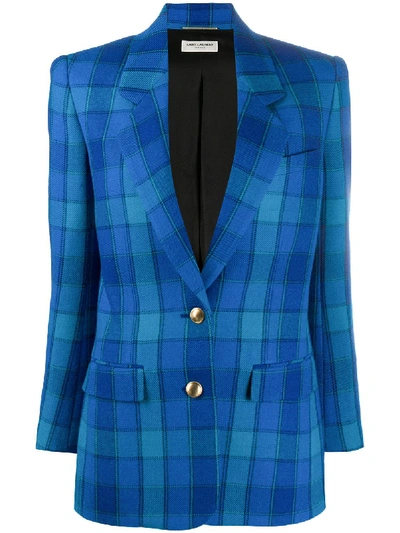 Saint Laurent Check-pattern Single-breasted Blazer In Blue