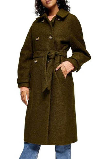Topshop Boucle Trench Coat In Khaki-green In Olive