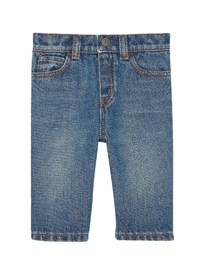 Gucci Baby Denim Pant With Embroidered Label In Blu