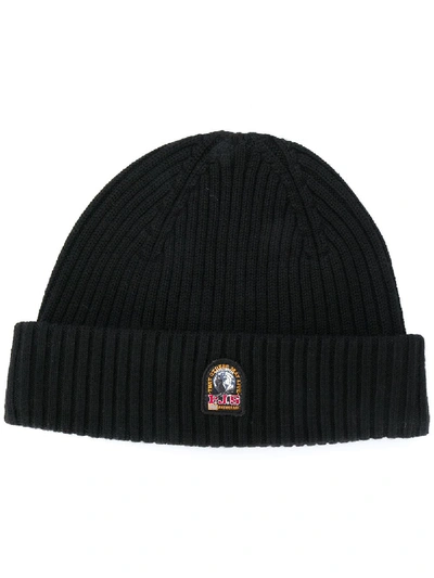 Parajumpers Logo Patch Ribbed Beanie In Black