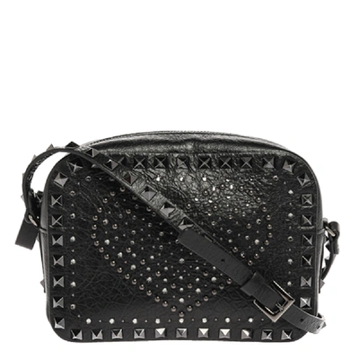 Pre-owned Valentino Garavani Black Leather Crystal Embellished Rockstud Camera Crossbody Bag