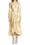 Zimmermann Ladybeetle Long Sleeve Metallic Leather Faux Wrap Midi Dress In Gold