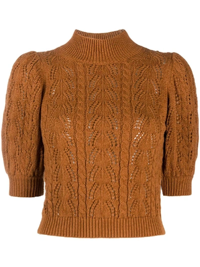 Alice And Olivia Pointelle Knit Puff-sleeve Top In Brown