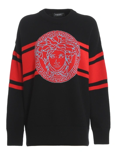 Versace Wool Sweater With Logo In Black