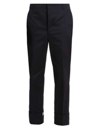Thom Browne Tricolour-trim Cotton Straight-leg Trousers In Navy