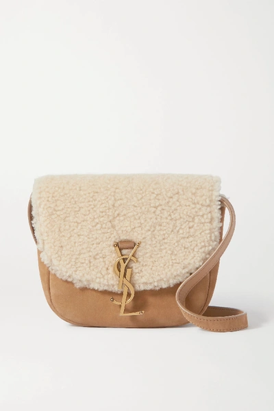 Saint Laurent Kaia Mini Suede And Shearling Shoulder Bag In Brown