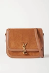 SAINT LAURENT SOLFERINO MEDIUM LEATHER-TRIMMED SUEDE SHOULDER BAG