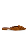 Manolo Blahnik Maysale Buckle Suede Flat Mules In Medium Brown