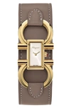 FERRAGAMO DOUBLE GANCIO LEATHER CUFF STRAP WATCH; 13MM X 23MM,SFDO00820