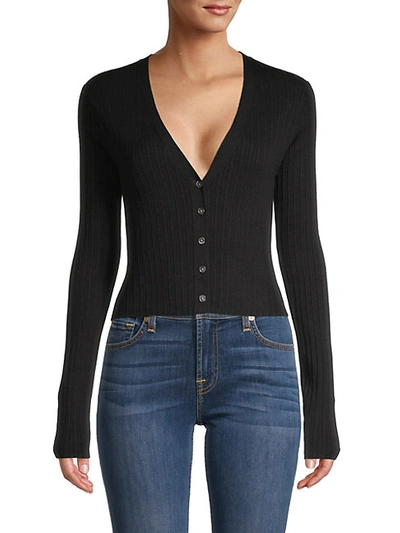 Frame Ribbed Crop Silk & Cotton Cardigan In Noir