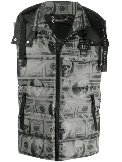 Philipp Plein Skull Dollar Feather Down Vest In Grey