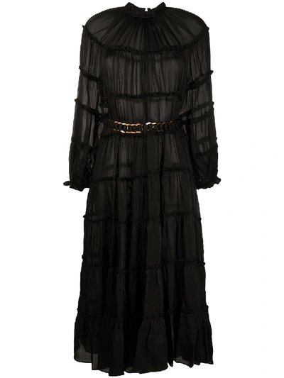Zimmermann Tiered Silk Satin Midi Dress In Black