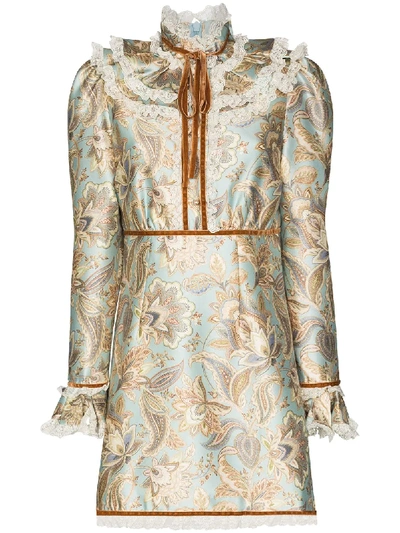 Zimmermann Ladybeetle Lace And Velvet-trimmed Printed Wool And Silk-blend Mini Dress In Beige,light Blue,brown
