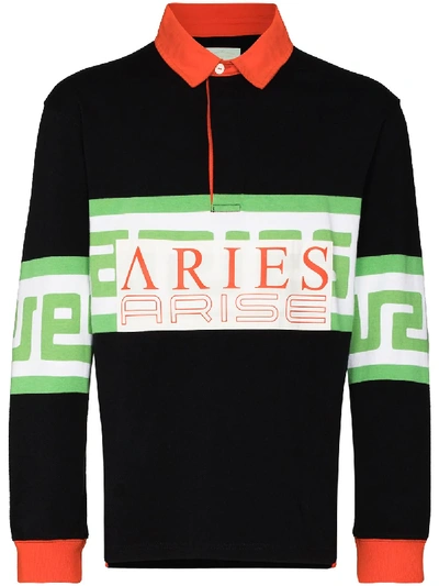 Aries Meandros Long Sleeved Cotton Polo Shirt In Black